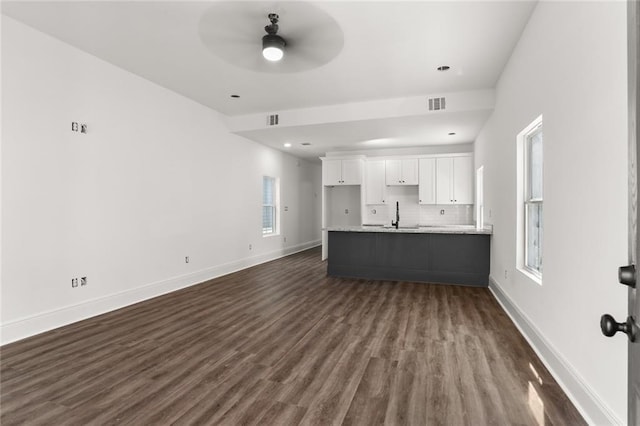 201012 N Dorgenois St, New Orleans, LA 70119 - unfurnished living room with ceiling fan, baseboards, dark wood-style floors, and a sink