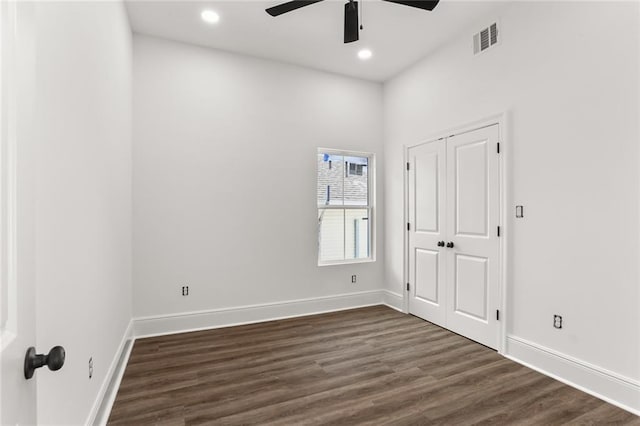 201012 N Dorgenois St, New Orleans, LA 70119 - spare room with dark wood-style floors, recessed lighting, ceiling fan, visible vents, and baseboards
