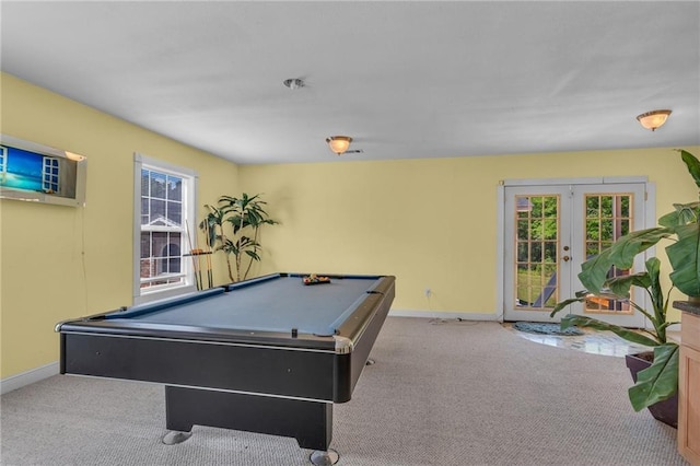 rec room with french doors, baseboards, carpet floors, and pool table