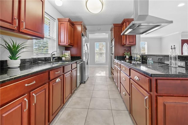 428 Charles Ct, Slidell, LA 70458 - kitchen with range hood, stainless steel appliances, a sink, light tile patterned floors, and dark stone countertops