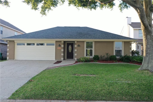 428 Charles Ct, Slidell, LA 70458 - ranch-style house with an attached garage, stucco siding, concrete driveway, a front yard, and a shingled roof