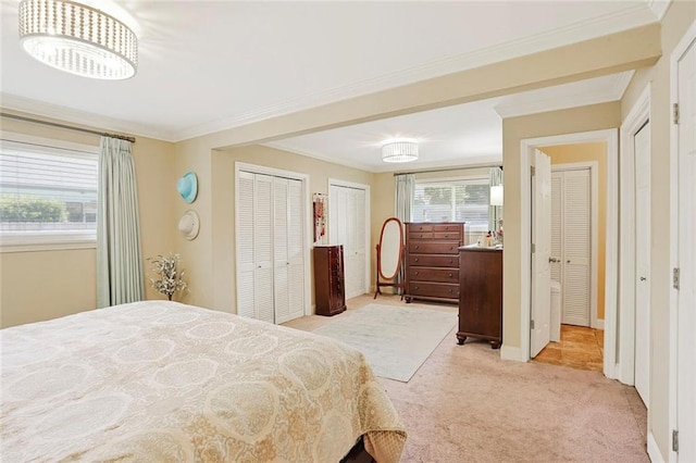 9621 Charlotte Dr, River Ridge, LA 70123 - bedroom featuring light carpet, two closets, and crown molding