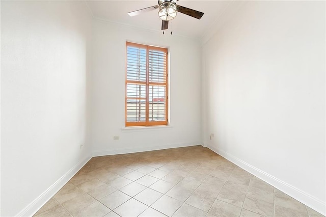 unfurnished room featuring light tile patterned floors, ceiling fan, baseboards, and ornamental molding