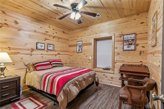 bedroom featuring wooden ceiling, ceiling fan, wood finished floors, and wooden walls