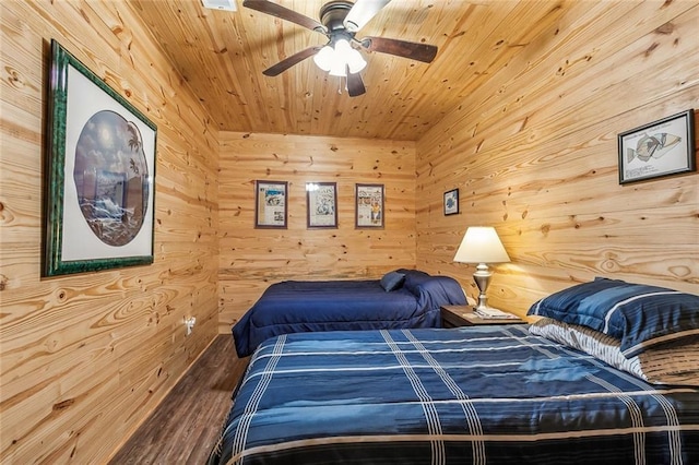 bedroom with wood ceiling, ceiling fan, wood finished floors, and wooden walls