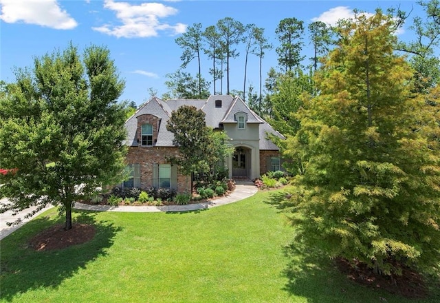 view of front of property featuring brick siding and a front yard