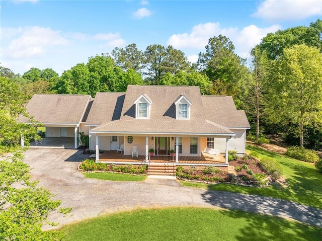 cape cod home featuring driveway, a front yard, covered porch, and roof with shingles