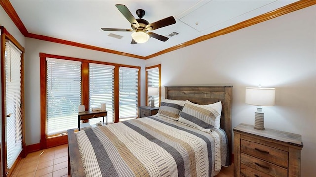 31765 River Pines Dr, Springfield, LA 70462 - bedroom featuring a ceiling fan, light tile patterned floors, baseboards, ornamental molding, and visible vents