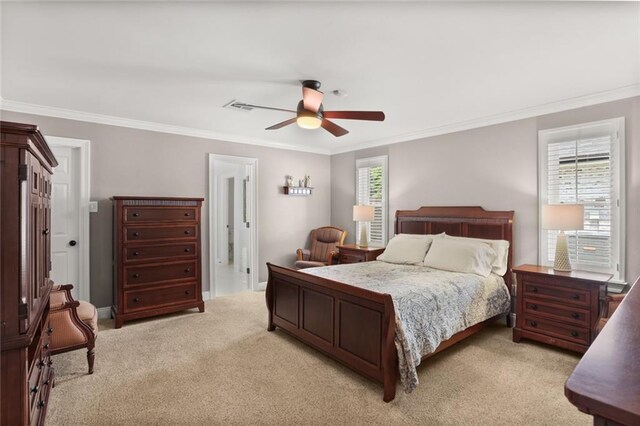 bedroom with light carpet, visible vents, ornamental molding, and ceiling fan
