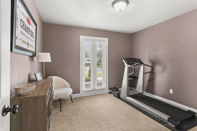 exercise area featuring baseboards and carpet flooring