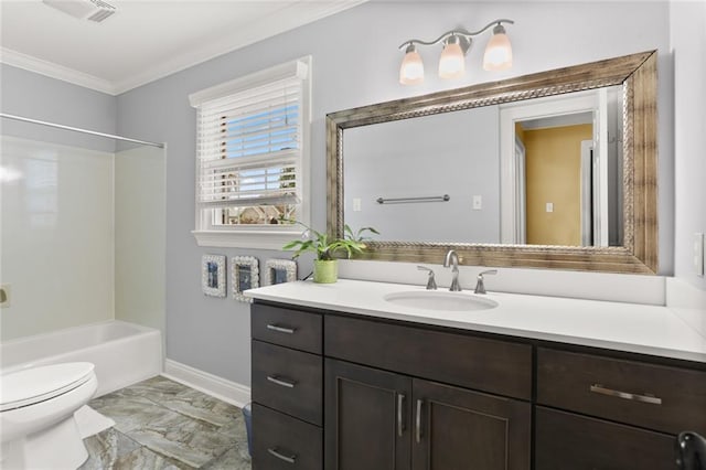 bathroom with toilet, visible vents, marble finish floor, vanity, and ornamental molding