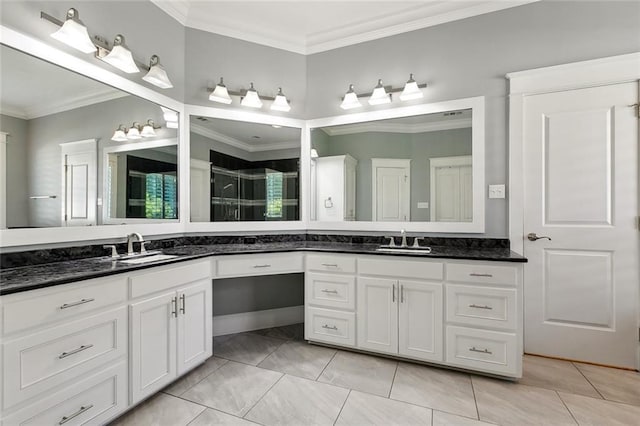 full bath with crown molding and vanity