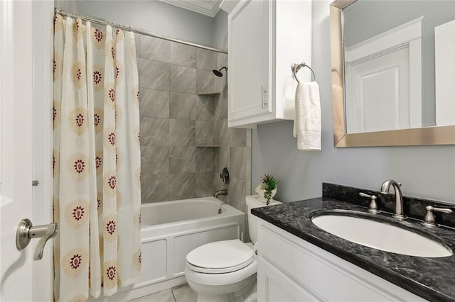 bathroom with tile patterned floors, toilet, vanity, and shower / bath combination with curtain