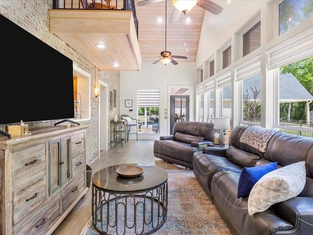 31035 Horseshoe Island Rd, Lacombe, LA 70445 - living area with light wood finished floors, recessed lighting, ceiling fan, wooden ceiling, and high vaulted ceiling