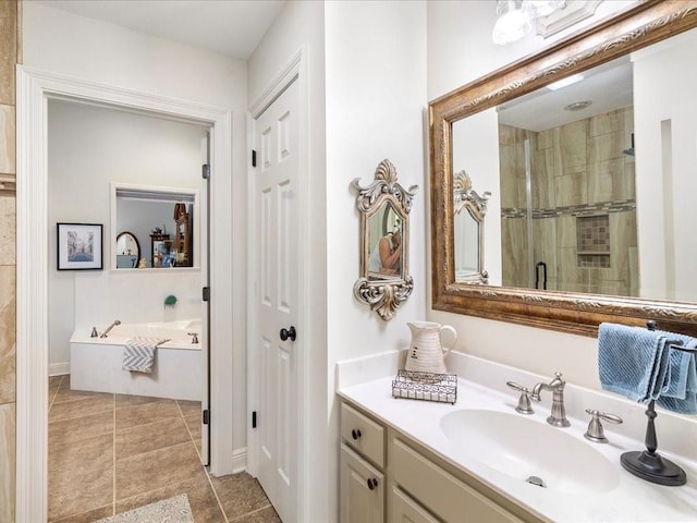 31035 Horseshoe Island Rd, Lacombe, LA 70445 - bathroom with a shower stall, a garden tub, tile patterned flooring, and vanity