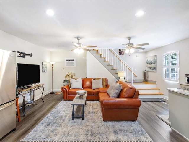 31035 Horseshoe Island Rd, Lacombe, LA 70445 - living room with ceiling fan, wood finished floors, and stairs