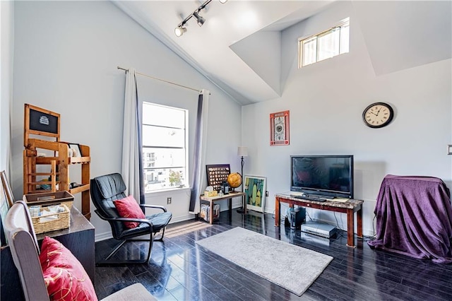 living area with baseboards, high vaulted ceiling, rail lighting, and wood finished floors