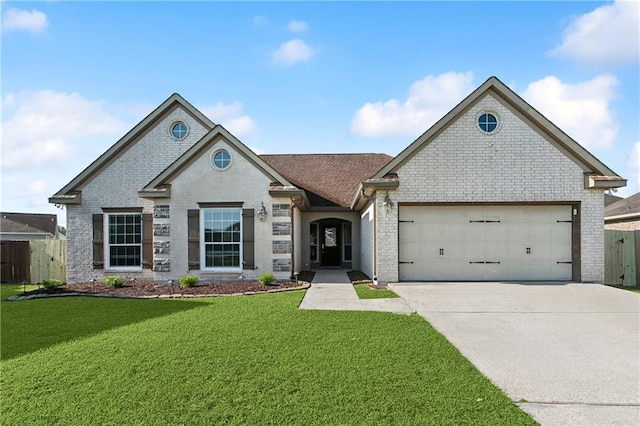 french provincial home featuring an attached garage, fence, brick siding, and concrete driveway