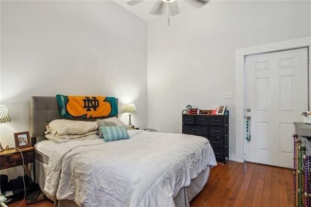 264545 Saint Ann St, New Orleans, LA 70119 - bedroom with high vaulted ceiling, ceiling fan, and wood-type flooring