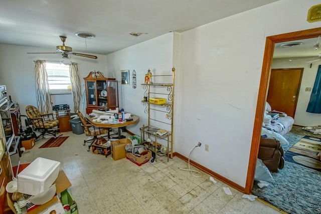 dining area with visible vents, tile patterned floors, baseboards, and ceiling fan