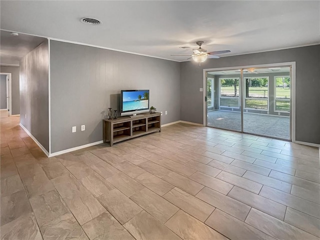 305 Country Club Blvd, Slidell, LA 70458 - unfurnished living room featuring baseboards, a ceiling fan, visible vents, and ornamental molding