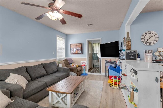 living area featuring a textured ceiling, a ceiling fan, and light wood-style floors