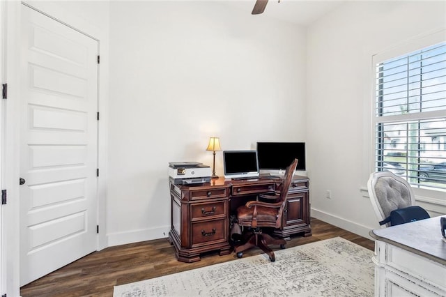 office space featuring dark wood finished floors, plenty of natural light, and baseboards