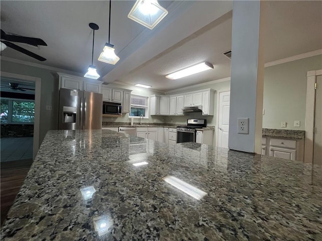 123 Robinhood Rd, Covington, LA 70433 - kitchen featuring stainless steel appliances, ceiling fan, ornamental molding, white cabinetry, and under cabinet range hood