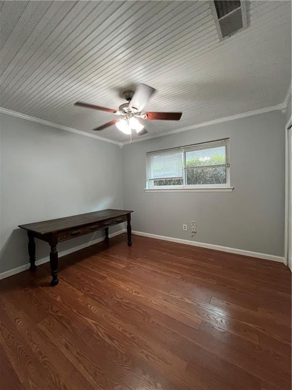 123 Robinhood Rd, Covington, LA 70433 - spare room with ornamental molding, ceiling fan, baseboards, dark wood-style floors, and wooden ceiling