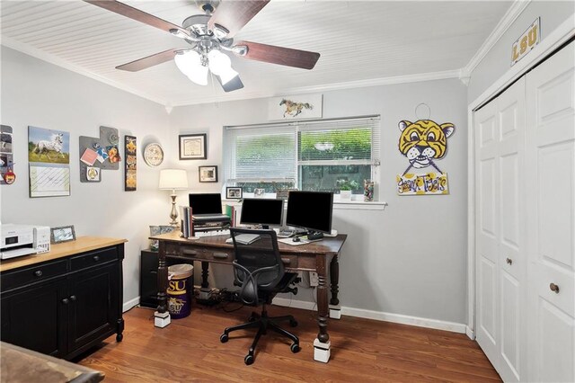 123 Robinhood Rd, Covington, LA 70433 - office space with baseboards, ceiling fan, ornamental molding, and wood finished floors