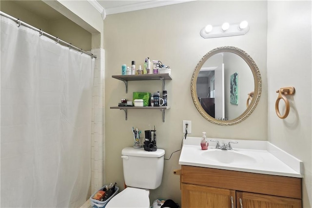 123 Robinhood Rd, Covington, LA 70433 - full bath with vanity, toilet, crown molding, and a shower with curtain