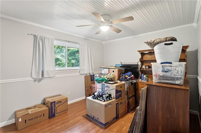 123 Robinhood Rd, Covington, LA 70433 - home office with crown molding, light wood-style flooring, a ceiling fan, and baseboards