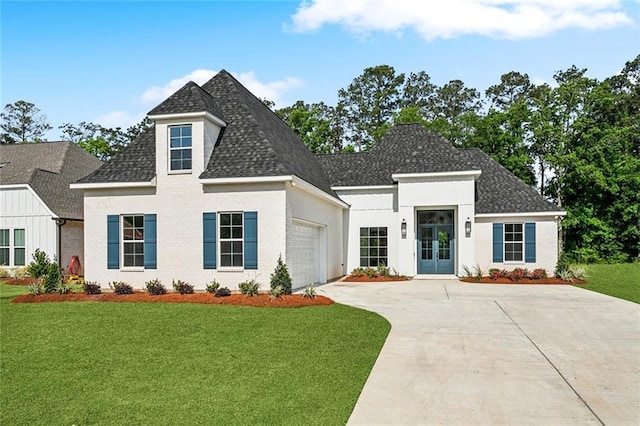 view of front facade with concrete driveway, an attached garage, french doors, roof with shingles, and a front yard