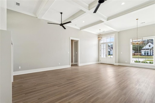 unfurnished living room with wood finished floors, visible vents, beam ceiling, baseboards, and ceiling fan with notable chandelier