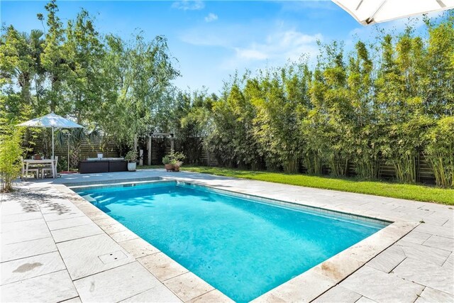 4809 Neyrey Dr, Metairie, LA 70002 - swimming pool featuring a patio, a fenced backyard, and view of wooded area