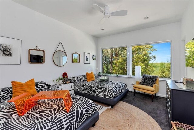 4809 Neyrey Dr, Metairie, LA 70002 - living area featuring dark colored carpet, healthy amount of natural light, and a ceiling fan