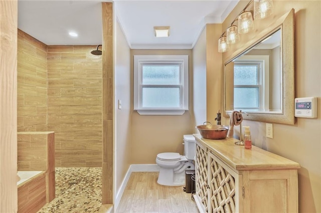 full bath featuring baseboards, a healthy amount of sunlight, a walk in shower, and toilet
