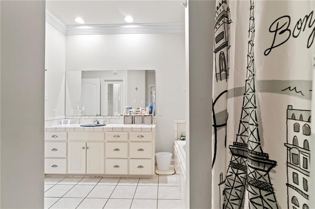 full bath featuring a washtub, crown molding, tile patterned flooring, curtained shower, and vanity