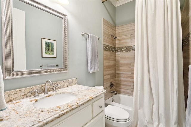 bathroom featuring shower / tub combo with curtain, vanity, toilet, and crown molding
