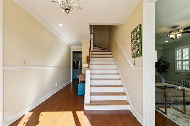 3439 Octavia St, New Orleans, LA 70125 - staircase with baseboards, recessed lighting, crown molding, and wood finished floors