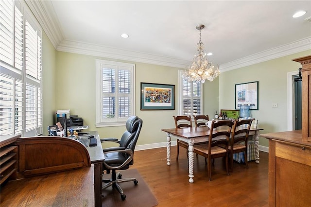 3439 Octavia St, New Orleans, LA 70125 - office area with baseboards, a chandelier, crown molding, and wood finished floors