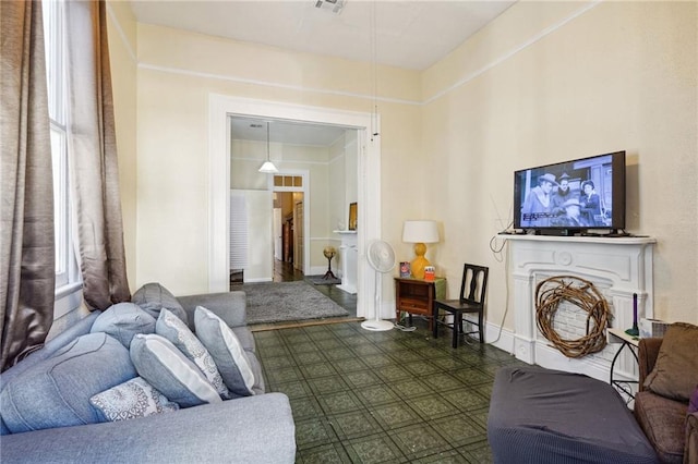 living room with dark floors