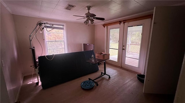 39202 Pine St, Pearl River, LA 70452 - office area with a ceiling fan, crown molding, french doors, and visible vents