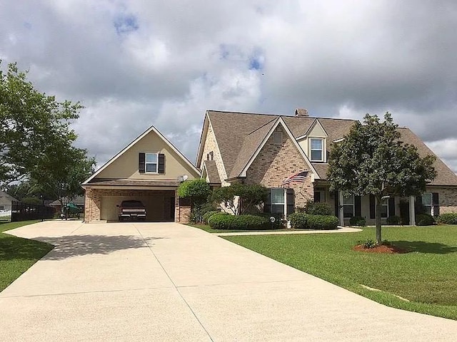view of front facade featuring concrete driveway, an attached garage, brick siding, and a front yard