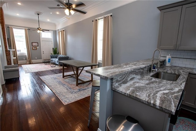 1529 Saint Philip St, New Orleans, LA 70116 - kitchen with a sink, gray cabinetry, ceiling fan, dark wood-style flooring, and ornamental molding