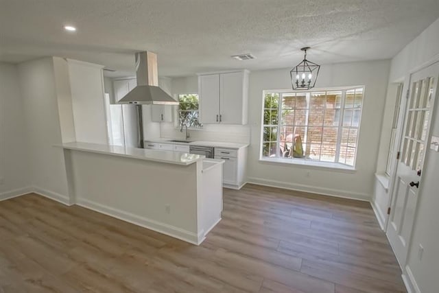 kitchen with island range hood, stainless steel dishwasher, wood finished floors, a sink, and freestanding refrigerator