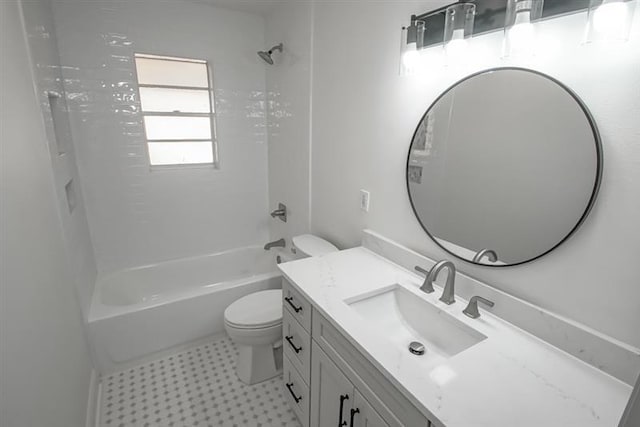 bathroom with toilet, tile patterned floors, shower / washtub combination, and vanity