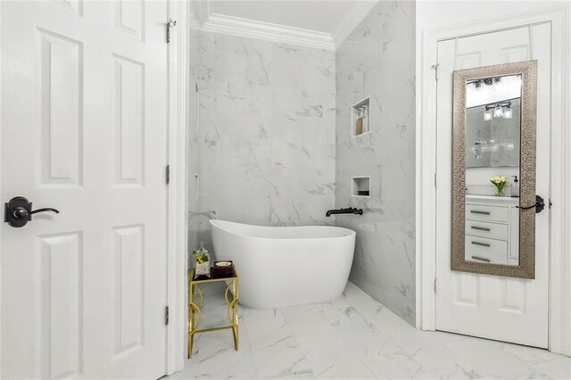126 Woodchase Dr, Belle Chasse, LA 70037 - full bath featuring tile walls, crown molding, marble finish floor, and a freestanding tub