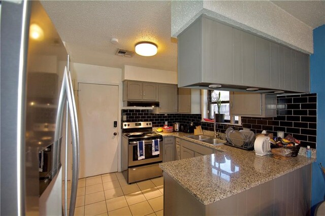 3209 Jennifer Ct, Marrero, LA 70072 - kitchen featuring appliances with stainless steel finishes, a sink, a peninsula, under cabinet range hood, and gray cabinetry