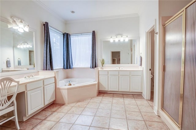 265 Remington Dr, Mandeville, LA 70448 - full bathroom featuring two vanities, a bath, crown molding, and a sink